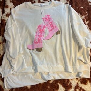 White Sweatshirt with Pink Cowboy Boots Design